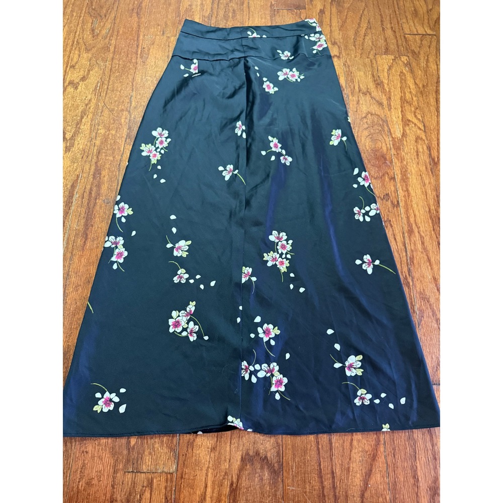 Free People Black Cherry Blossom Floral Satin Midi Skirt Size 0 High Waist Pink